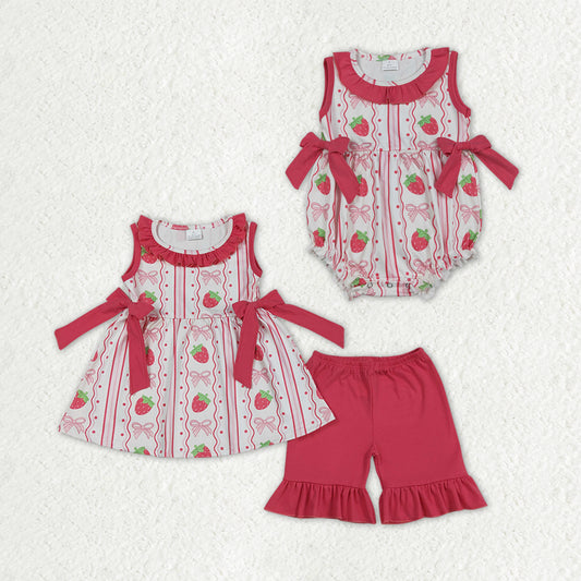 Sibling Baby Girls Bows Strawberry Stripe Tunic Ruffle Short Clothes Set Rompers