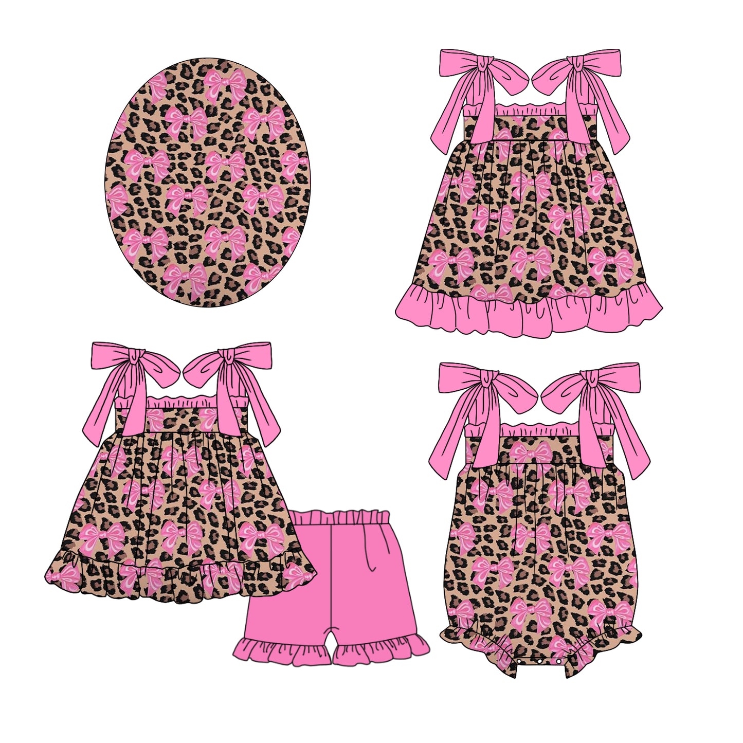 Preorder(moq 5 each)Sibling Baby Girls Leopard Pink Bows Straps Romper Dress Shorts Sets