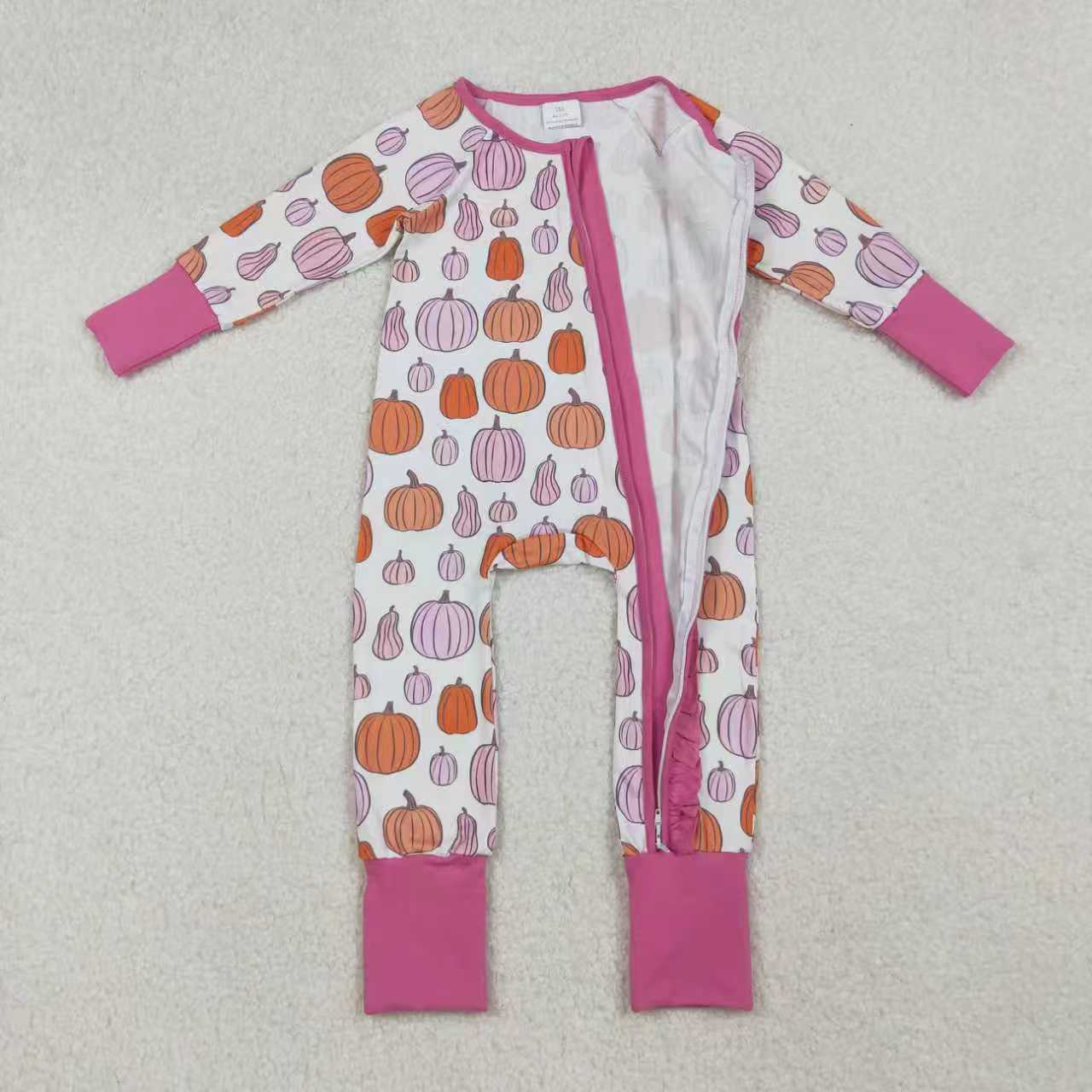 Sibling Baby Girls Pink Pumpkins Fall Pajamas Sets Ruffle Zipper Footie Rompers