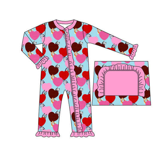 Baby Infant Girls Valentines Hearts Dog Zip Rompers preorder(moq 5)