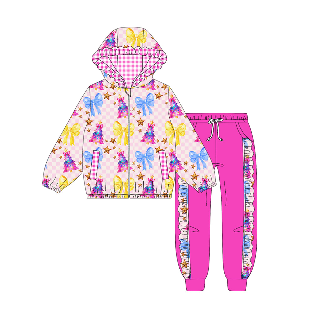 Preorder (moq 5)Baby Girls Pink Checked Pockets Zipper Hoodie Jackets Jogger Christmas Clothes Sets