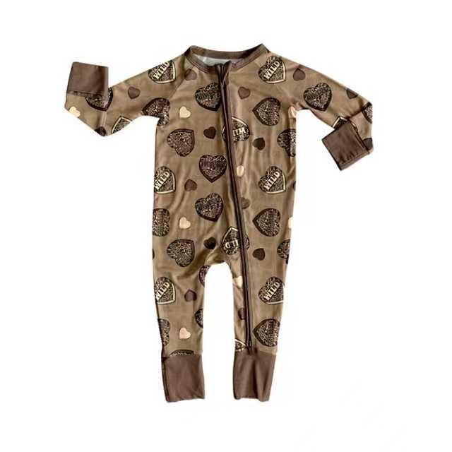 Preorder (moq 20)Baby Boys Bamboo Brown Wild Hearts Zipper Footie Rompers