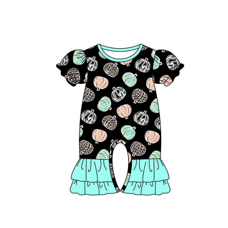 Baby Girls Pumpkin Leopard Turquoise Short Sleeve Rompers preorder(moq 5)