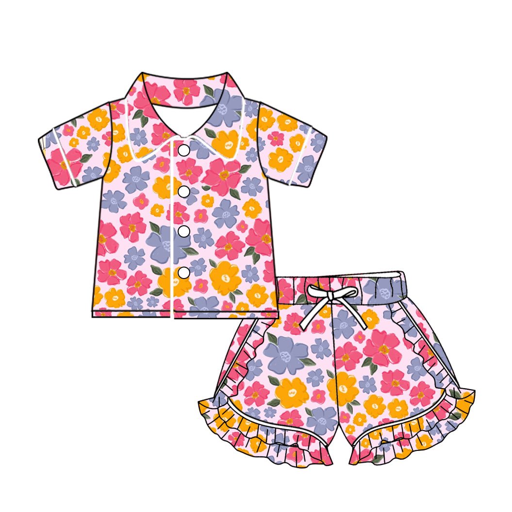 Baby Girls Pink Lavender Flowers Buttons Top Ruffle Shorts Pajamas Sets preorder(MOQ 5)