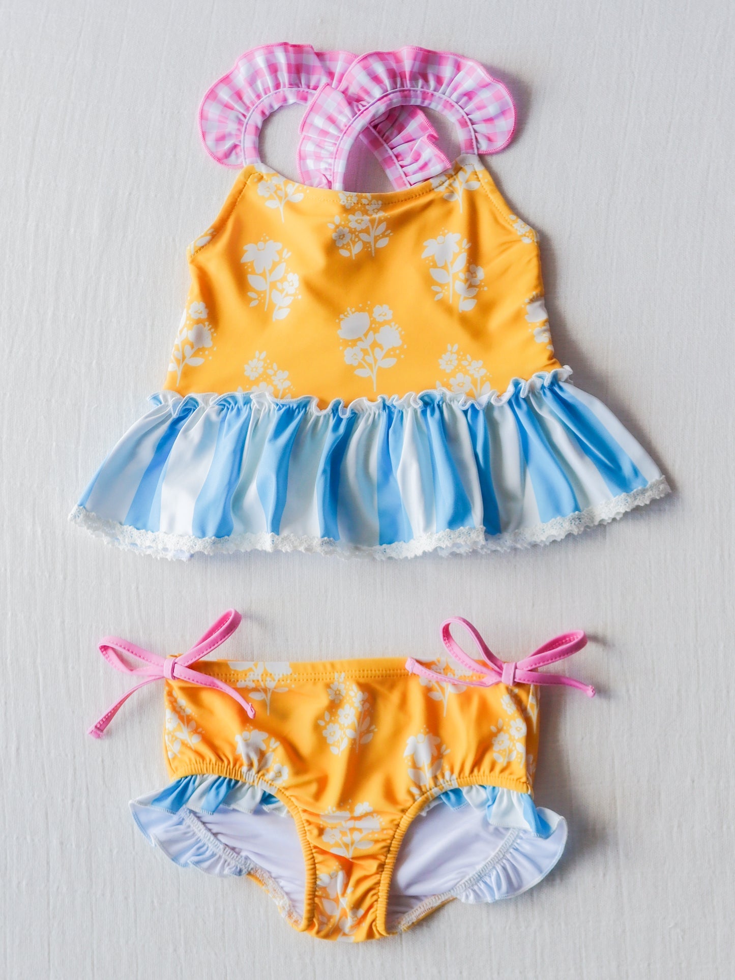 Baby Girls Yellow Flowers Ruffle Top Bummie 2pcs Swimsuits Preorder (moq 5)