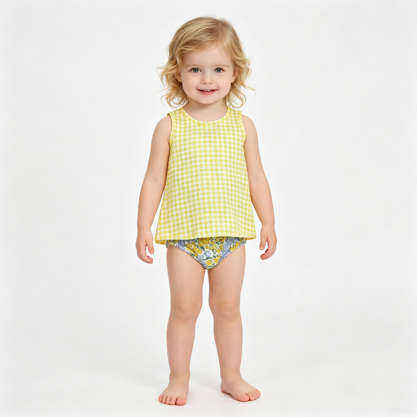 Baby Girls Yellow Checked Flowers Back Bow Tunic Flowers Bummies Clothes Sets