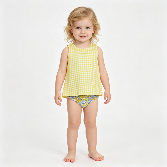 Baby Girls Yellow Checked Flowers Back Bow Tunic Flowers Bummies Clothes Sets