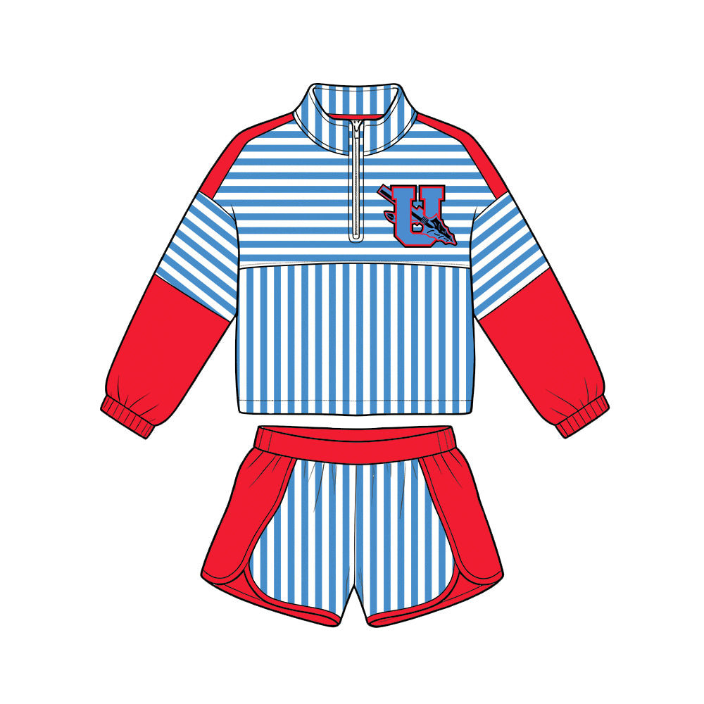 Preorder (moq 5) Adult Women Blue Stripe Brave Nation Zip Pullovers Short Team Clothes Sets