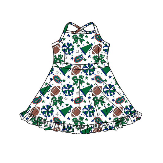 Preorder (moq 5)Baby Girls Strap Bows Stars Footballs Team Shorts Ruffle Knee Length Dress