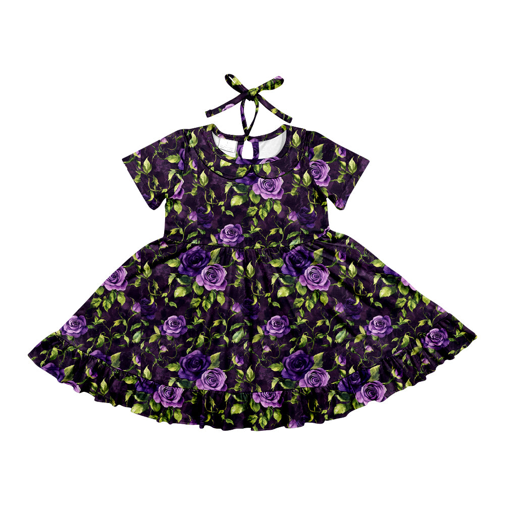 Preorder (moq 5)Baby Girls Purple Black Flowers Halloween Knee Length Dresses