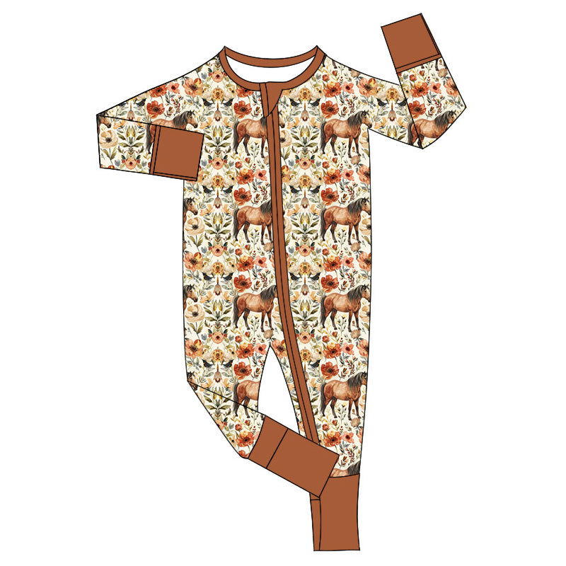 Baby Infant Girls Western Floral Horse Zip Rompers preorder(moq 5)