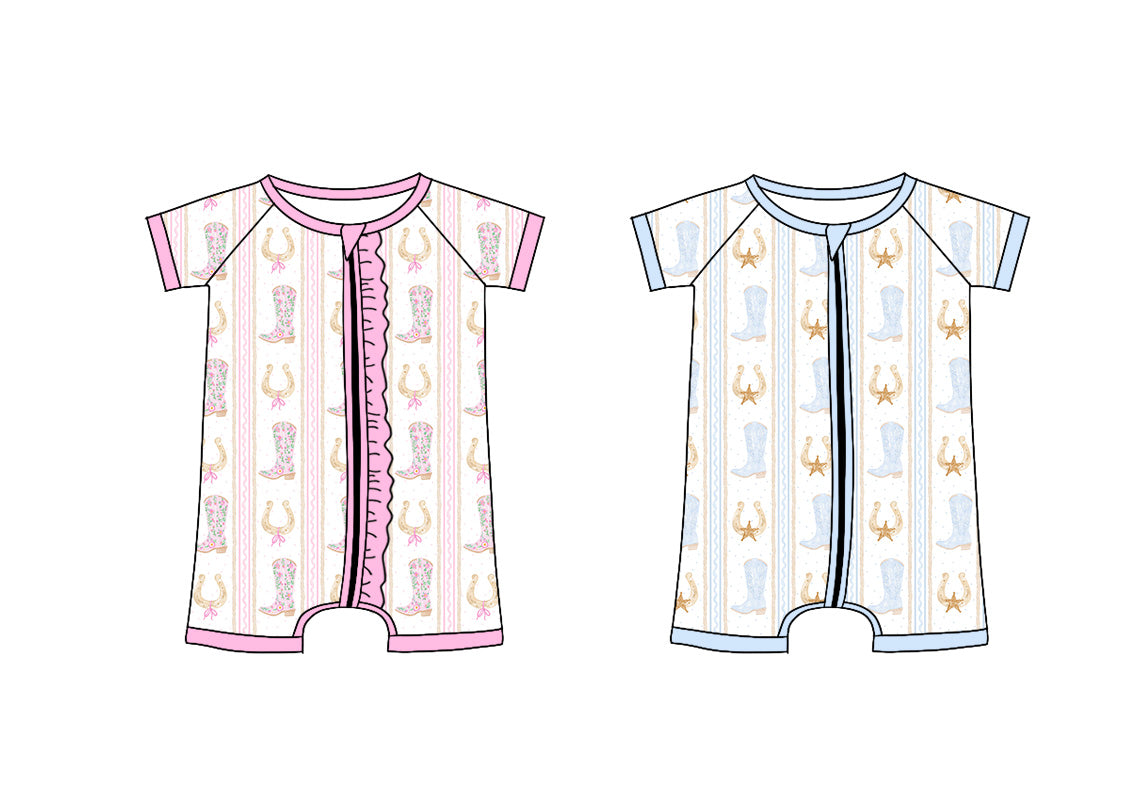 Preorder moq 5 Custom Baby Kids Short Sleeves Boots Stripe Zipper Rompers