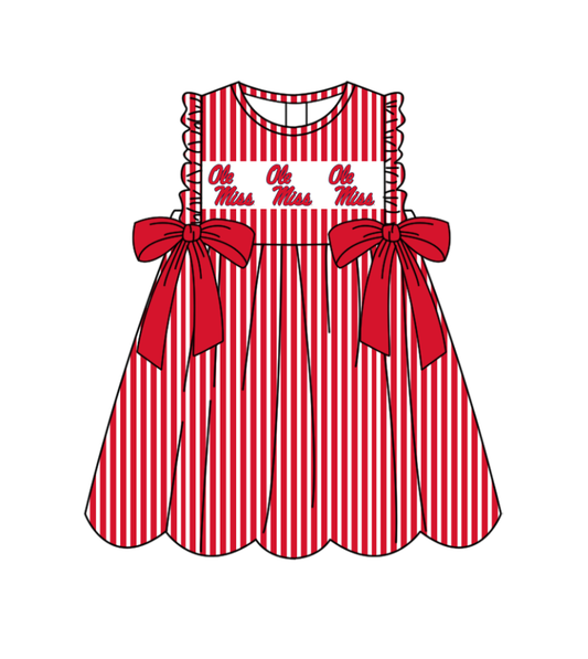 Preorder (moq 5)Baby Girls Sleeveless Red Stripe Ole Miss Bows Team Knee Length Dresses
