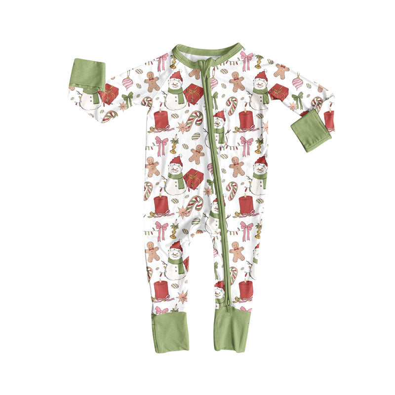 Preorder (moq 20)Baby Boys Bamboo Snowmen Gingerbread Christmas Zippy Footie Rompers