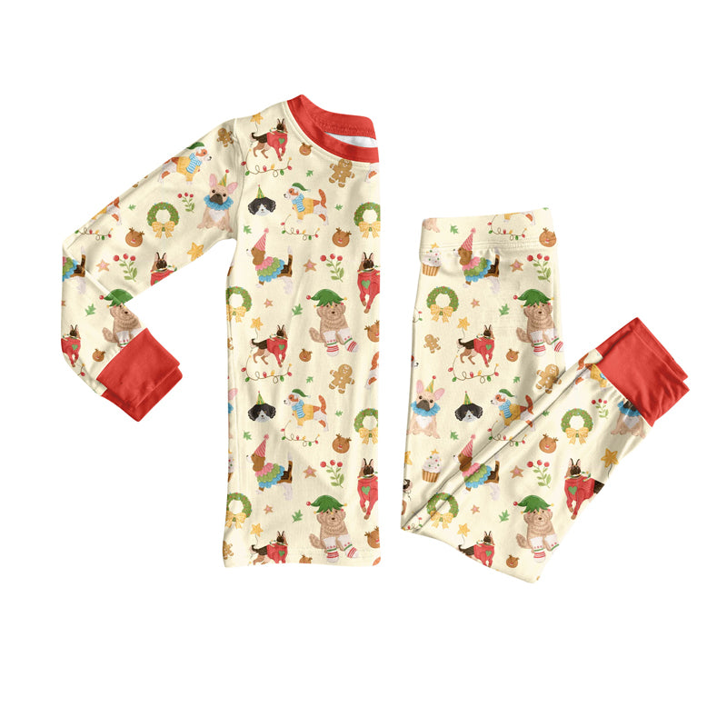 Preorder (moq 20)Baby Boys Bamboo Happy Birthday Dogs Lights Gingerbread Christmas Pajamas Sets