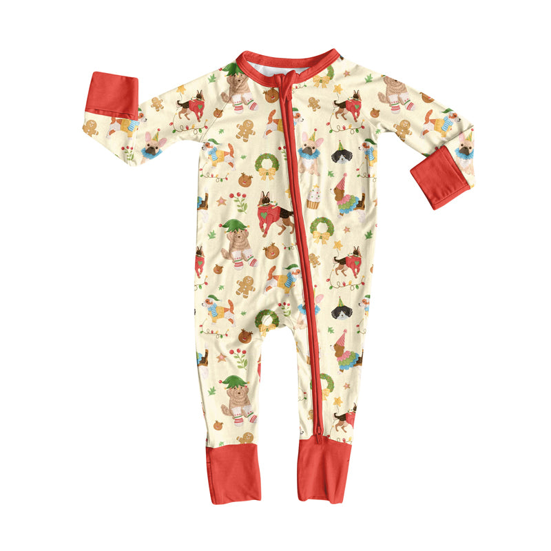 Preorder (moq 20)Baby Boys Bamboo Happy Birthday Dogs Lights Gingerbread Christmas Zippy Footie Rompers