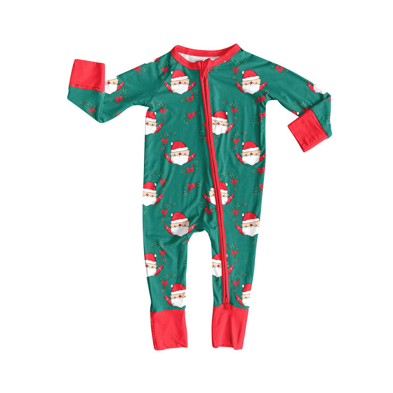 Preorder (moq 20)Baby Boys Bamboo Red Bows Holly Santa Christmas Zippy Footie Rompers