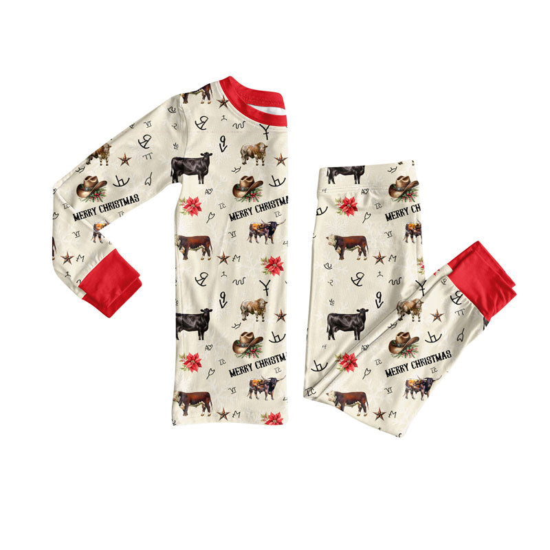 Preorder (moq 20)Baby Boys Bamboo Western Hats Cows Holly Merry Christmas Pajamas Sets