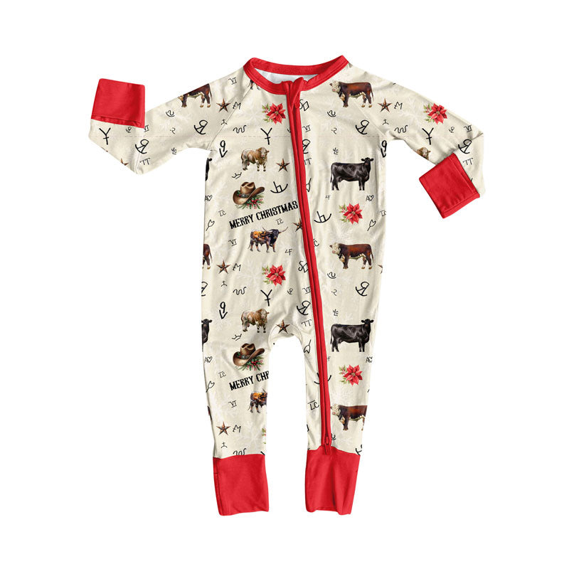Preorder (moq 20)Baby Boys Bamboo Western Hats Cows Holly Merry Christmas Zippy Footie Rompers
