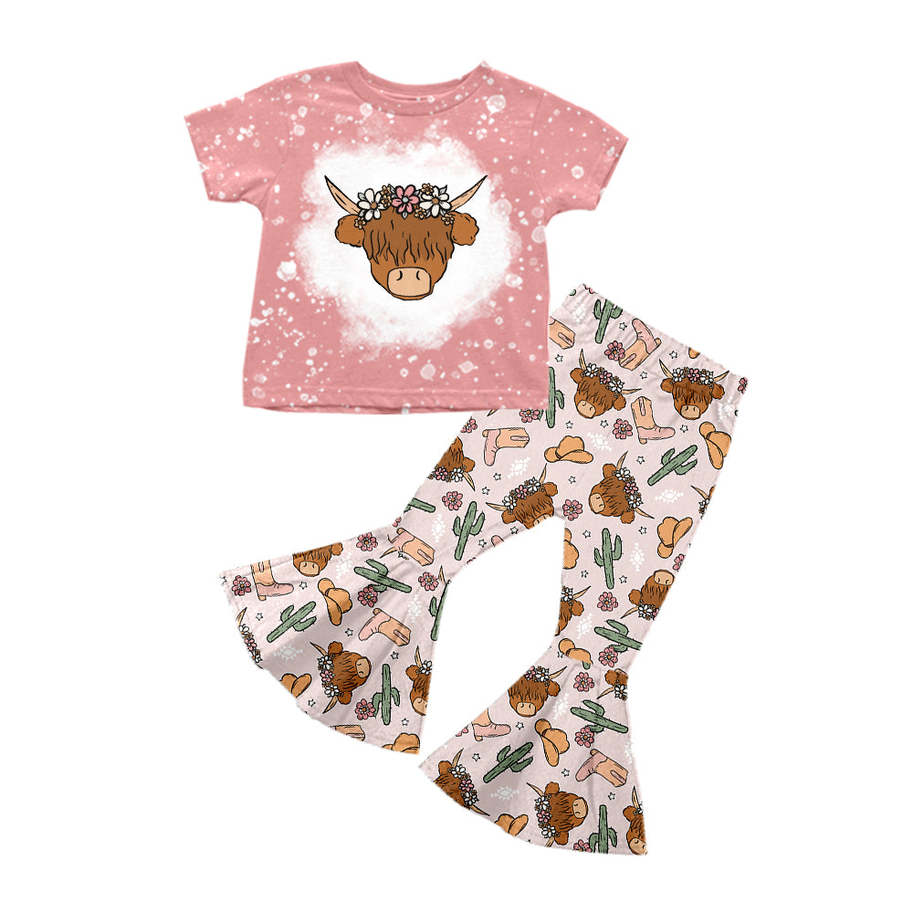 Baby Girls Highland Cows Western Top Cactus Bell Pants Clothes Sets Preorder(moq 5)