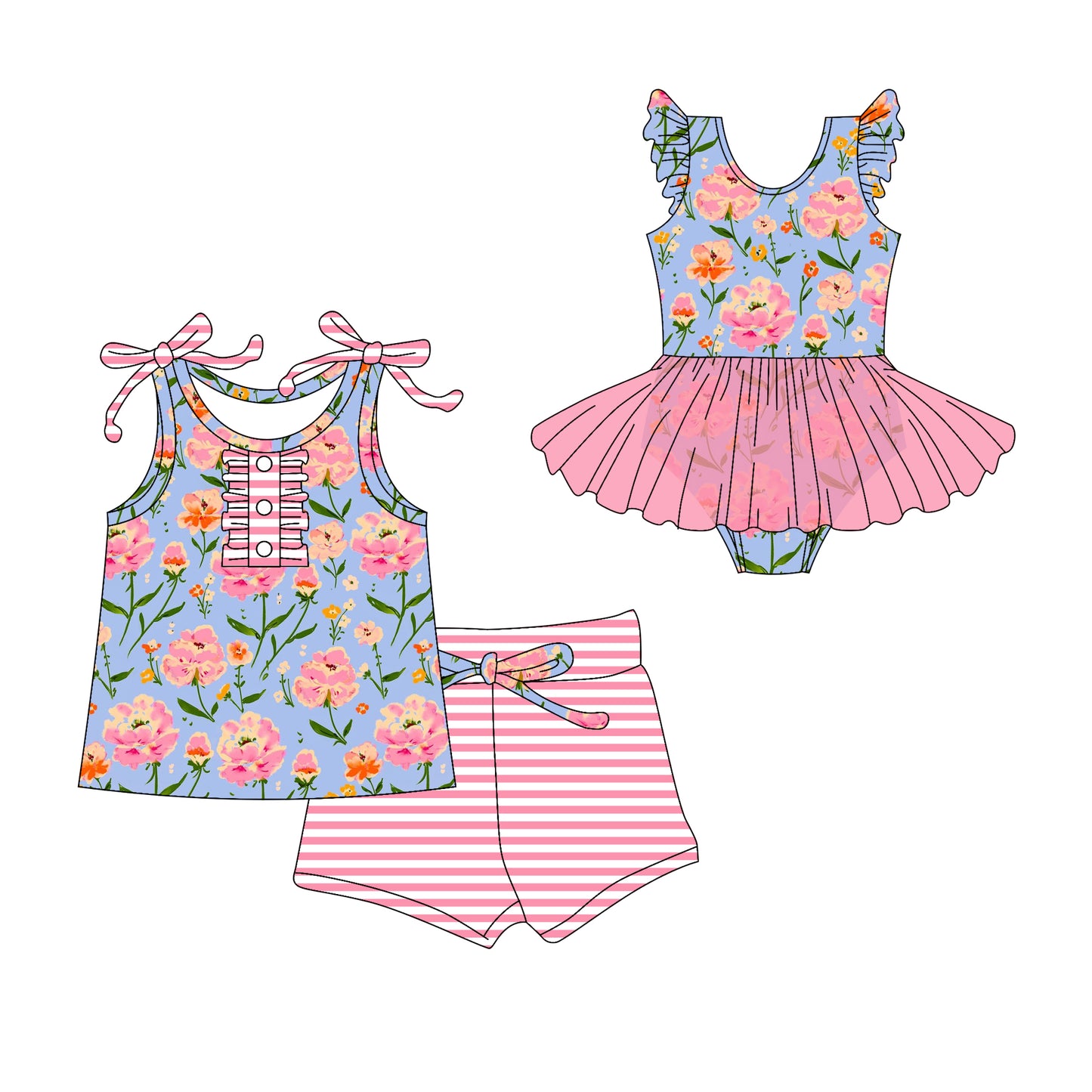 Preorder moq 5 Custom Baby Girls Pink Strap Floral Button Top Stripe Short Set Skort Bummise Romper
