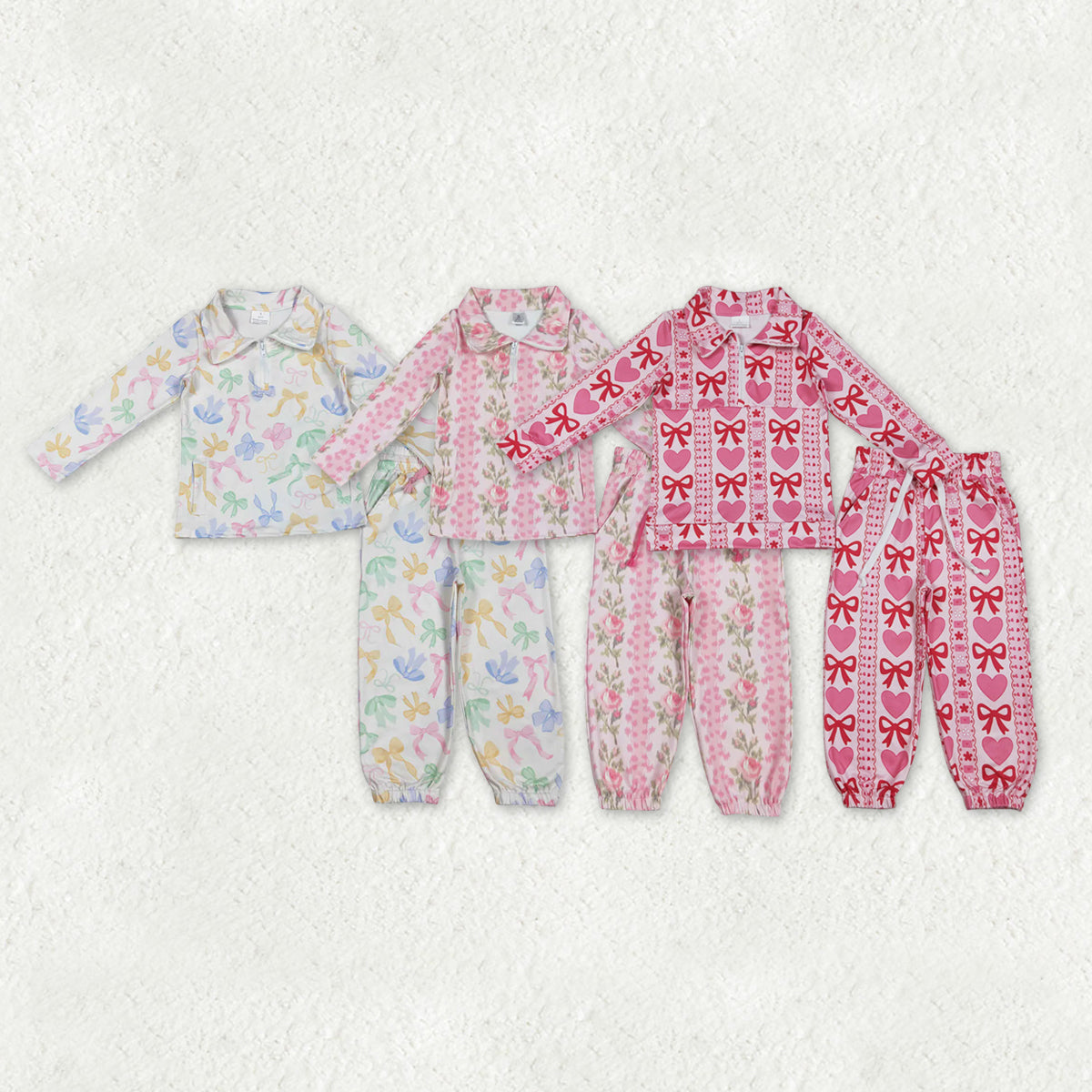Sibling Baby Girls Bow Heart Flowers Zip Pocket Pullover Joggers Clothes Sets