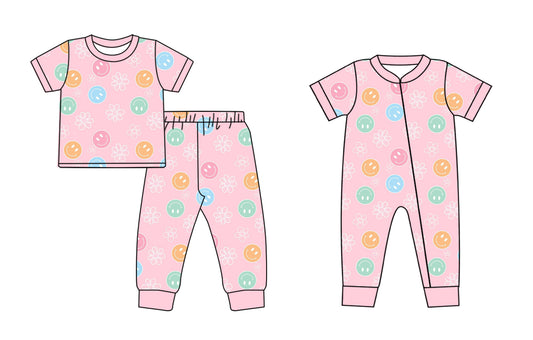 Preorder(moq 5 each)Baby Girls Pink Smiles Flowers Top Pants Pajamas Zip Rompers Clothes Sets