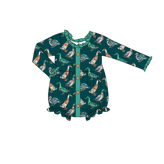 Baby Infant Girls Green Ducks Buttons Long Sleeve Rompers preorder(moq 5)