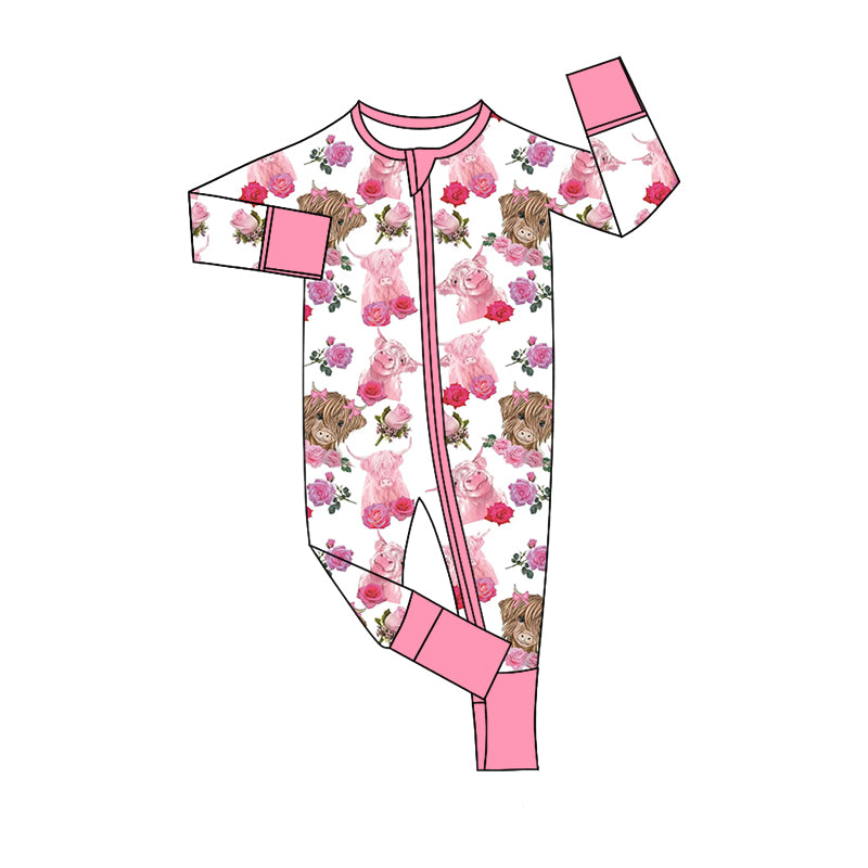 Baby Infant Western Pink Highland Cows Bamboo Long Sleeve Zip Rompers preorder(moq 5)