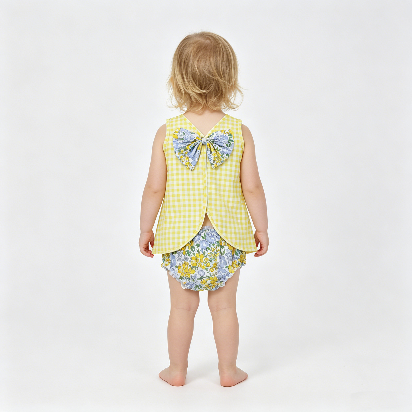 Baby Girls Yellow Checked Flowers Back Bow Tunic Flowers Bummies Clothes Sets