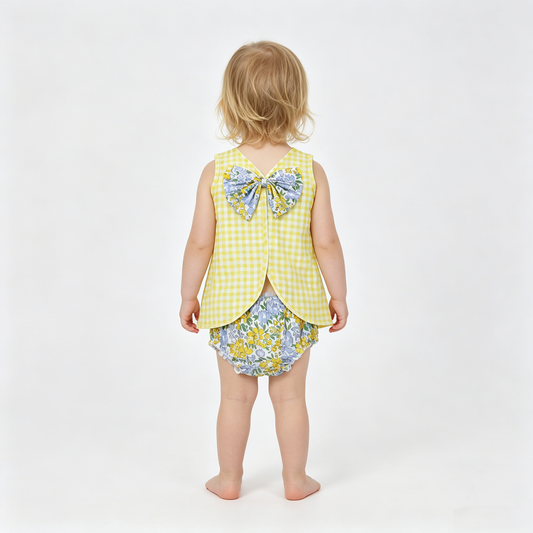 Baby Girls Yellow Checked Flowers Back Bow Tunic Flowers Bummies Clothes Sets