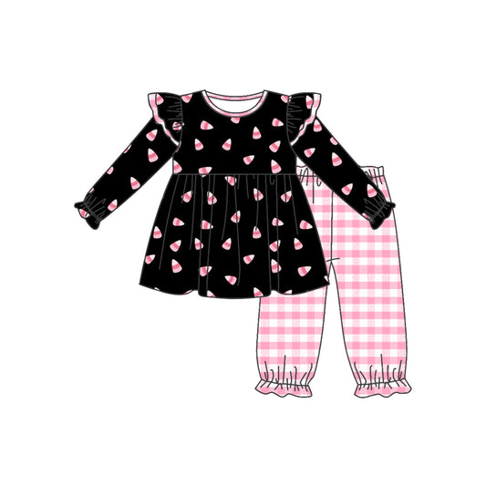 Baby Girls Black Pink Candy Tunic Checkered Pants Clothes Sets Preorder(moq 5)