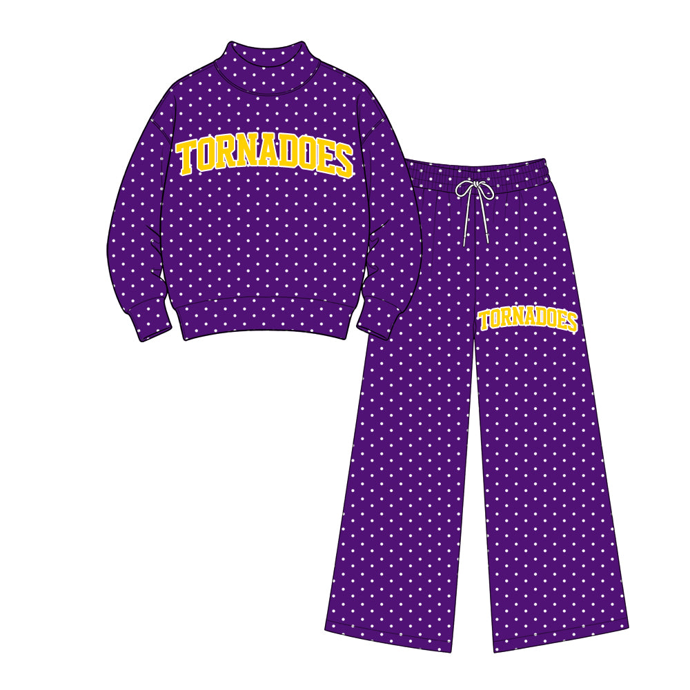 Preorder (moq 5) Baby Girl Clothes Tornadoes Purple Long Sleeve Mock Neck Flare Pant Set