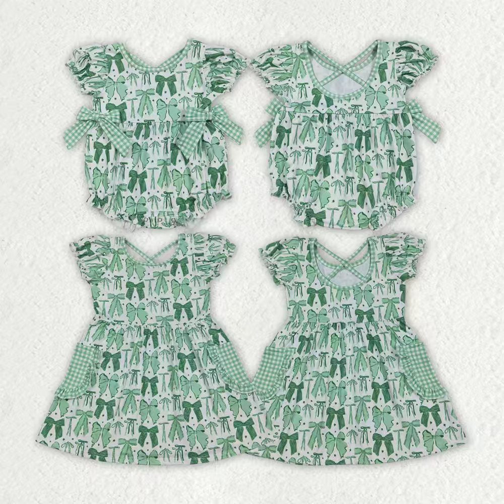 Sibling Baby Girls Green Bows Clovers Pockets St Patrick Knee Length Dress Ruffle Rompers