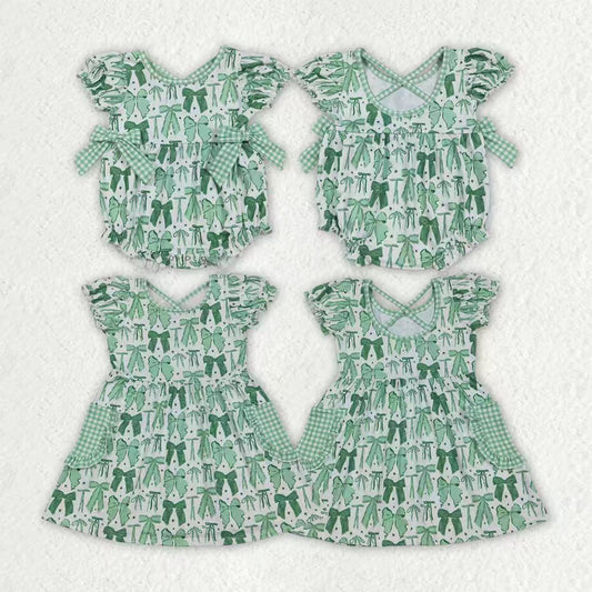 Sibling Baby Girls Green Bows Clovers Pockets St Patrick Knee Length Dress Ruffle Rompers