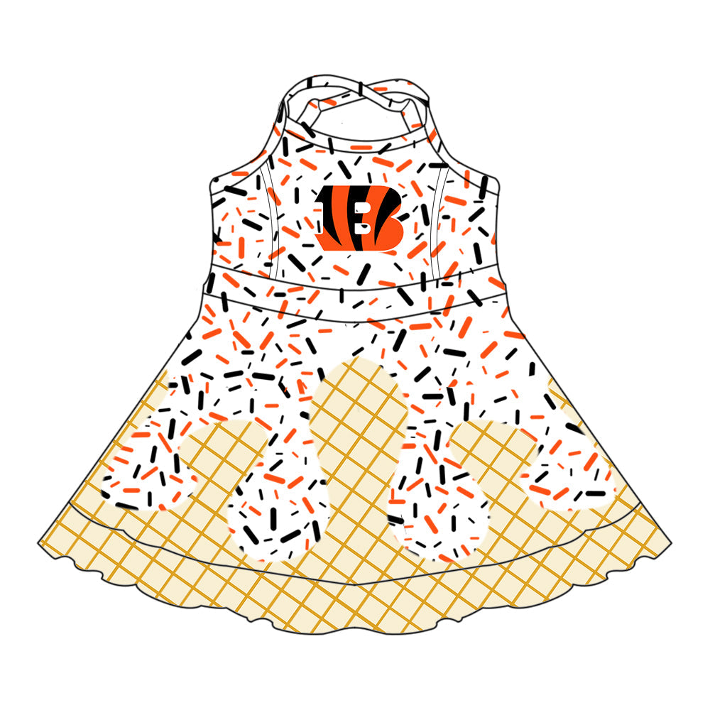Preorder (moq 5)Baby Girls Cincinnati Bengals Drip Sprinkles Team Shorts Ruffle Knee Length Dress