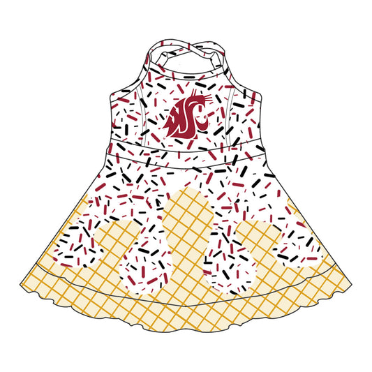 Preorder (moq 5)Baby Girls Drip Sprinkles WSU Cougar Team Shorts Ruffle Knee Length Dress