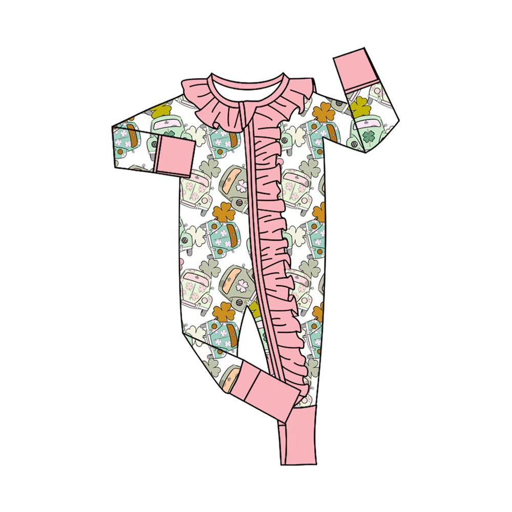 Preorder (moq 20)Baby Girls Bamboo St Patrick Clovers Bus Ruffle Zippy Footie Rompers