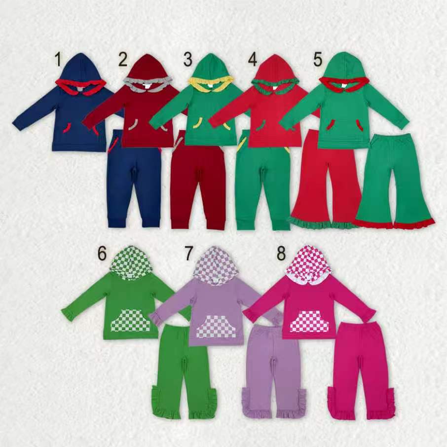 Sibling Baby Girls Long Sleeve Checked Pocket Hoodie Ruffle Pant Cotton Clothes Sets