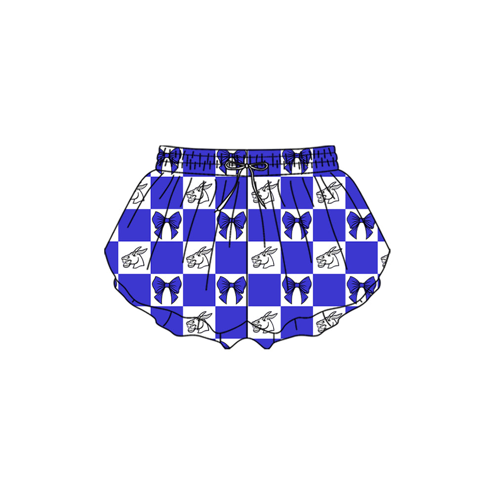 Preorder (moq 5)Baby Girls Blue Bows Mules Checked Team Ruffle Shorts Bottom