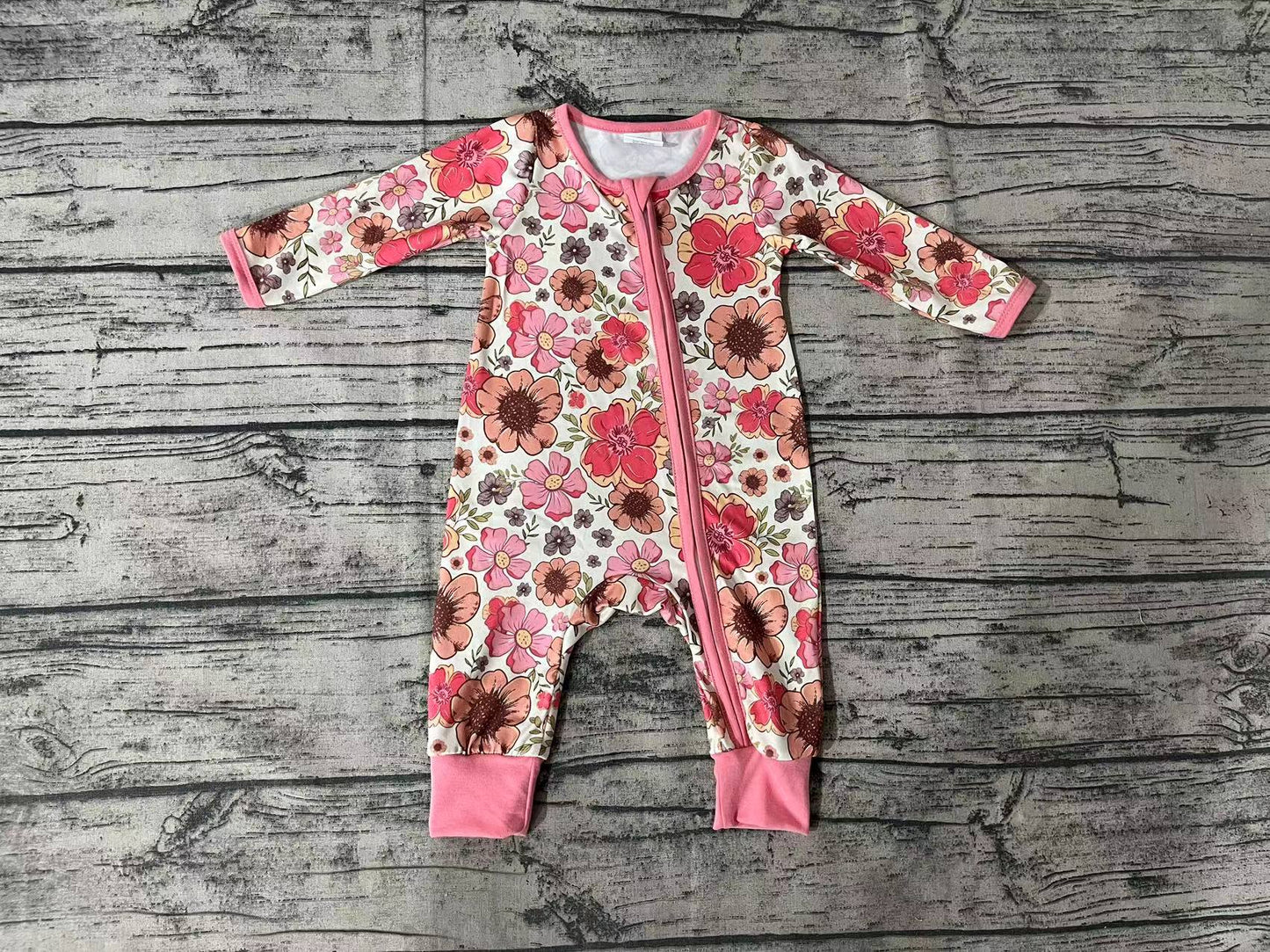 Baby Infant Girls Pink Orange Flowers Zip Rompers