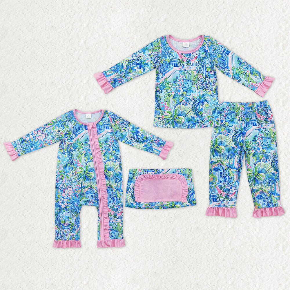 Sibling Baby Girls Blue Floral Ruffle Pant Bamboo Pajamas Sets Zipper Footie Rompers