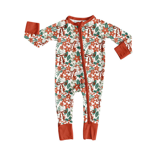 Preorder (moq 20)Baby Girls Bamboo Red Green Flowers Bows Christmas Zippy Footie Rompers