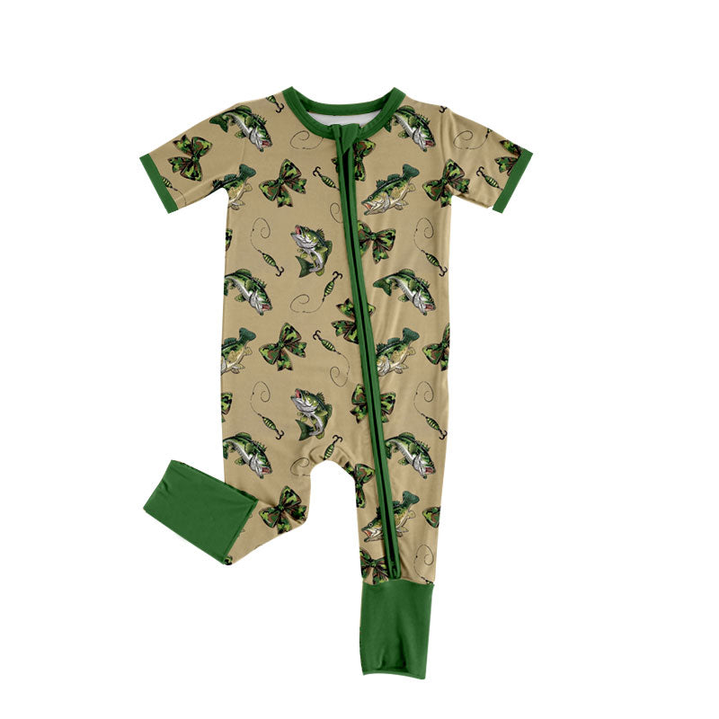 Preorder (moq 5) Baby Girl Clothes Green Bass Fish Camo Bow Print Short Sleeve Zipper Romper