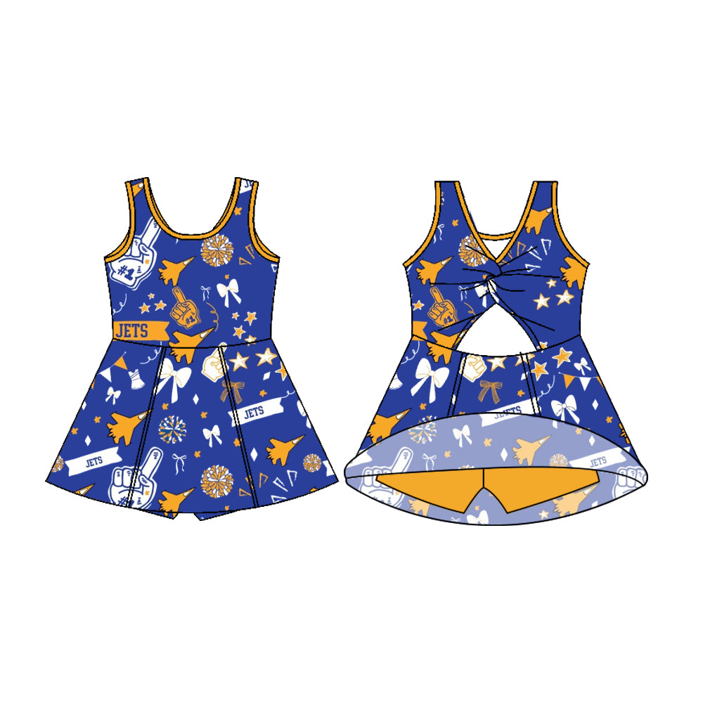 Preorder (moq 5)Baby Girls Sleeveless Blue Jets Football Team Shorts Dresses