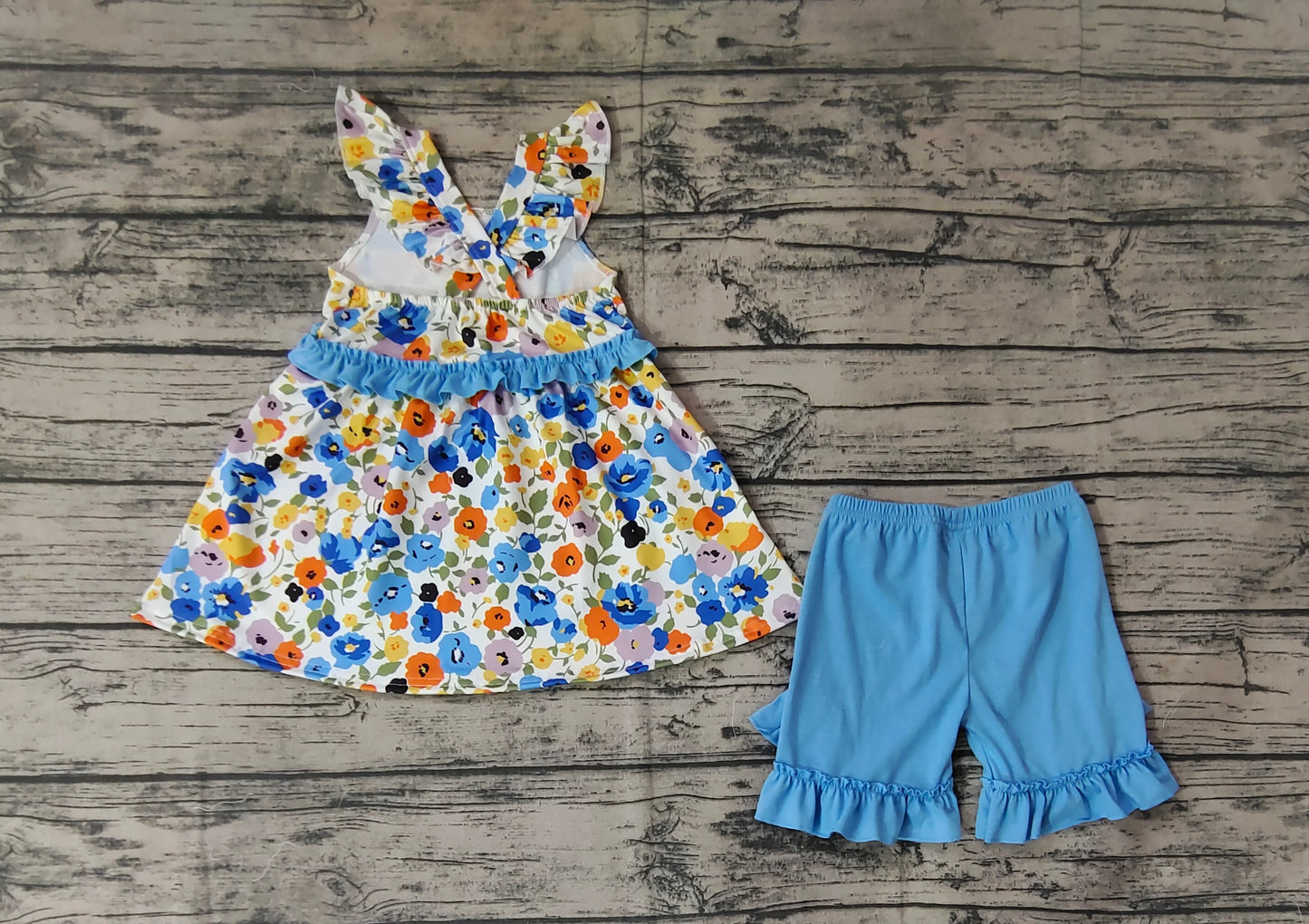 Baby Girls Blue Flowers Tunic Ruffle Shorts Outfits Clothes Sets
