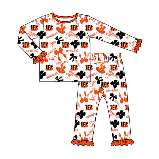 Preorder (moq 5)Baby Girls Bengals Bows Plaid Top Ruffle Pant Team Pajamas Set