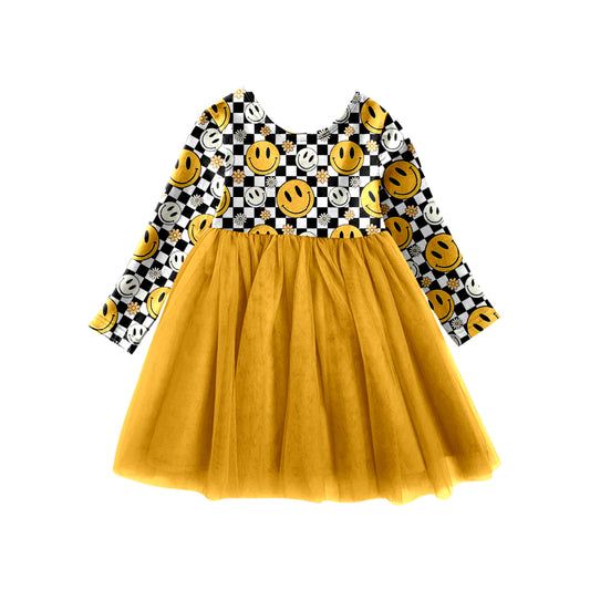 Baby Girls Long Sleeve Smile Sunflower Tutu Knee Length Dresses Preorder(moq 5)