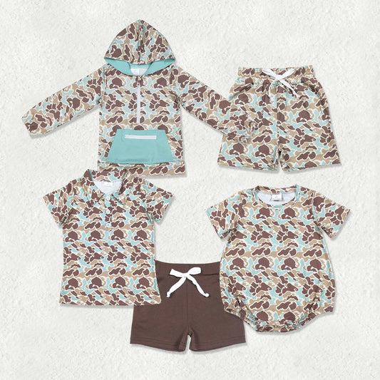Sibling Baby Boys Southern Khaki Camo Polo Hoodie Tops Pockets Shorts Set Shorts Rompers