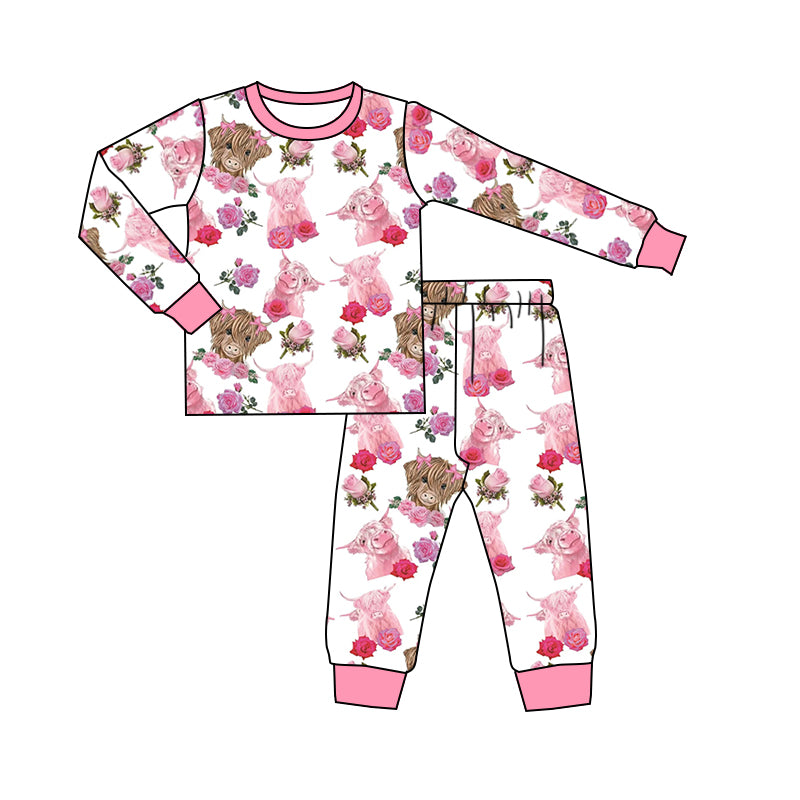 Baby Girls Western Pink Highland Cow Flowers Top Pants Pajamas Clothes Sets Preorder(moq 5)